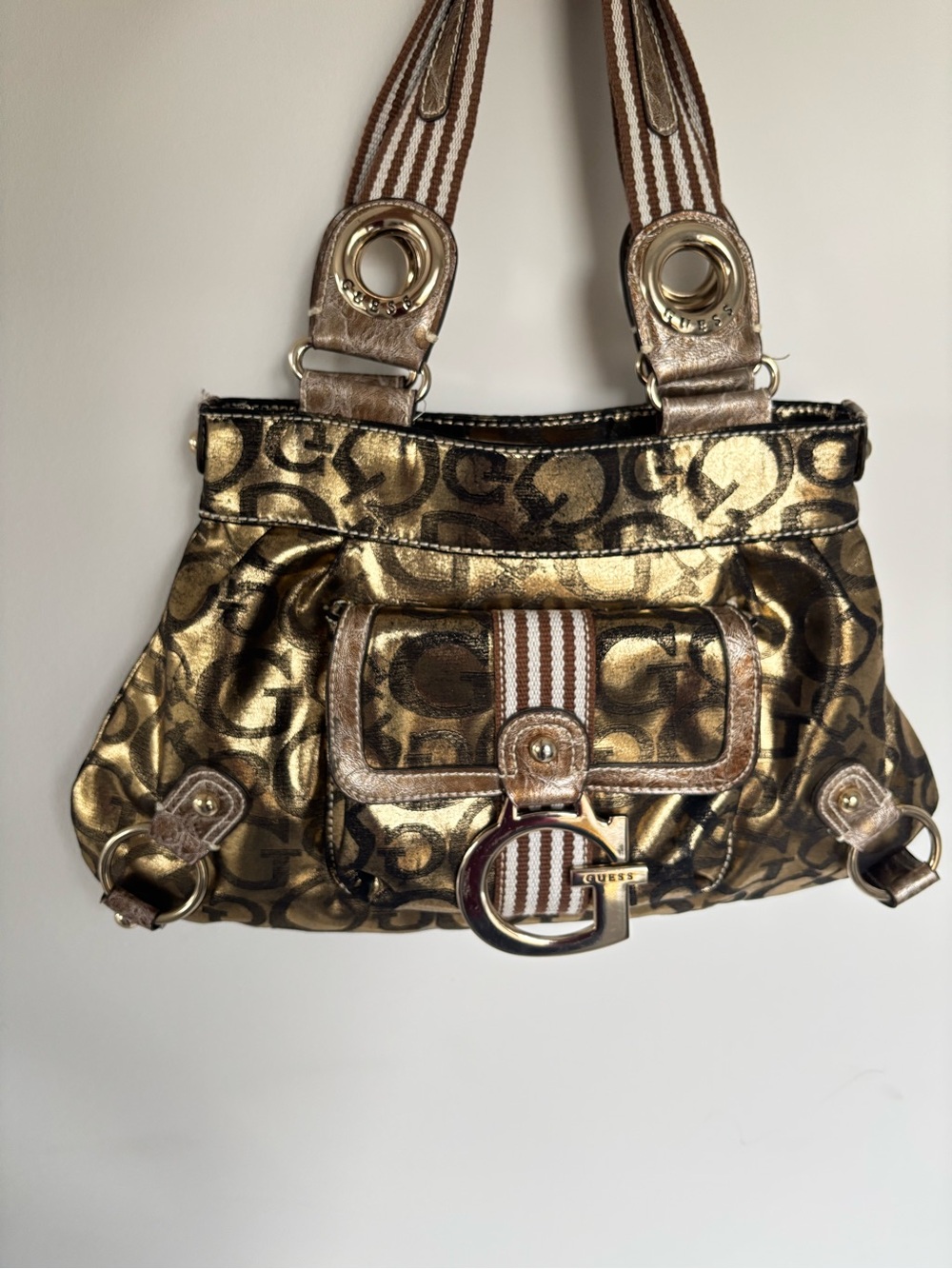 GUESS Mcbling Gold Monogram Metallic Tote Bag